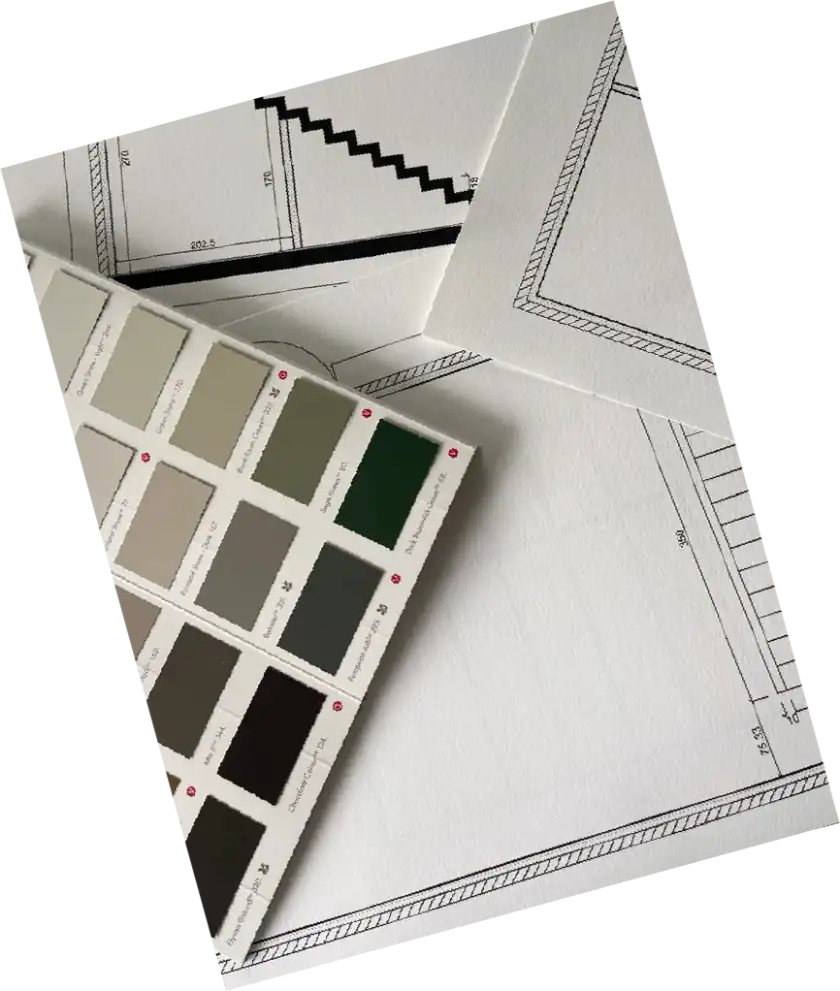 Detailed architectural drawings with color swatches for home renovation projects.