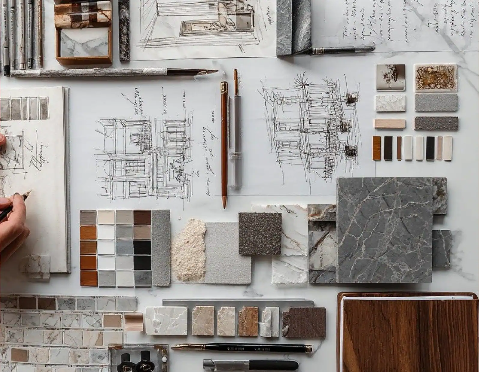 Interior design planning with sketches, color swatches, and material samples for home renovation.