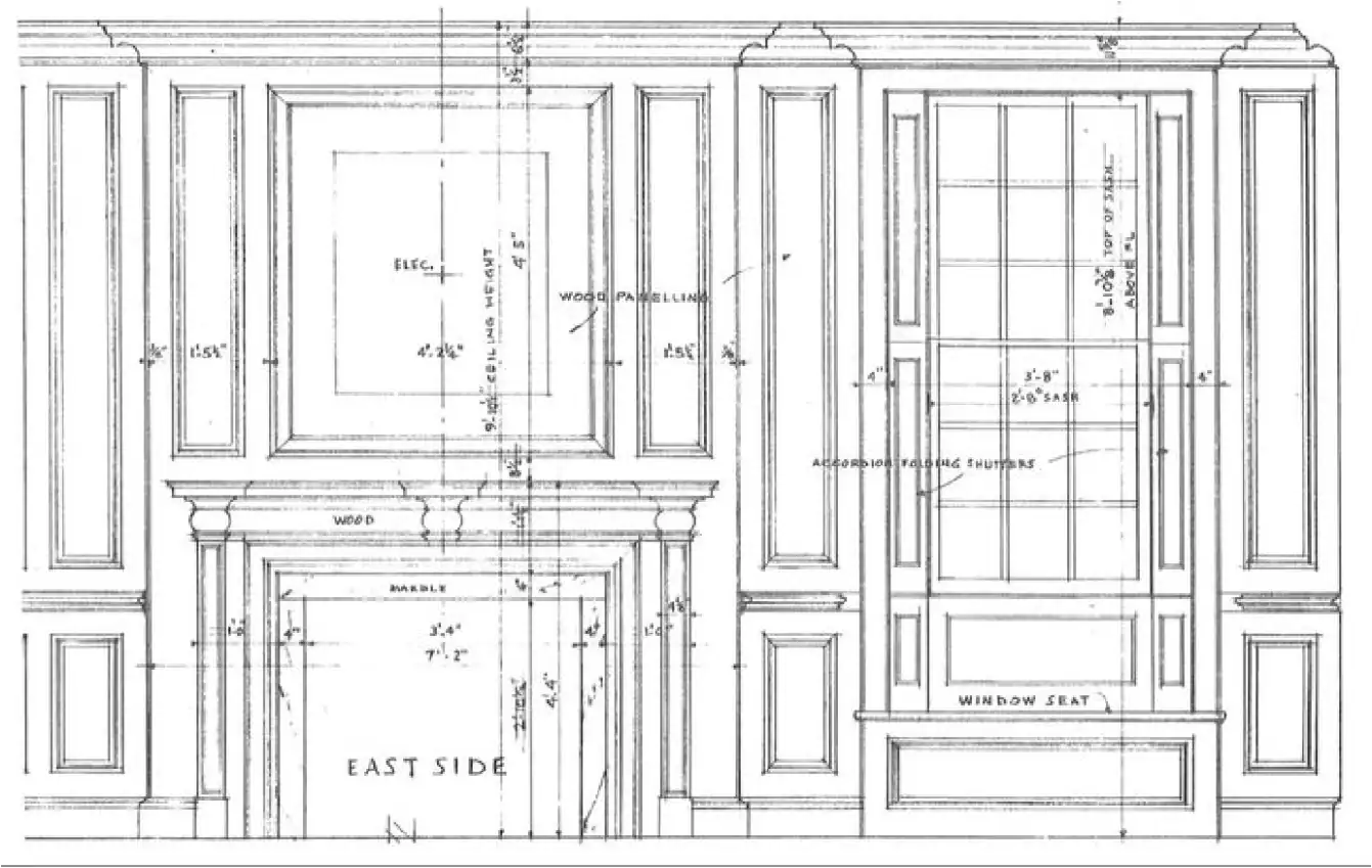 Blueprint of detailed custom cabinetry and window seat design.