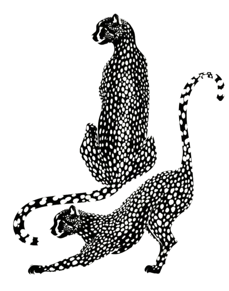 Black and white leopard illustration with detailed spots and sleek body.