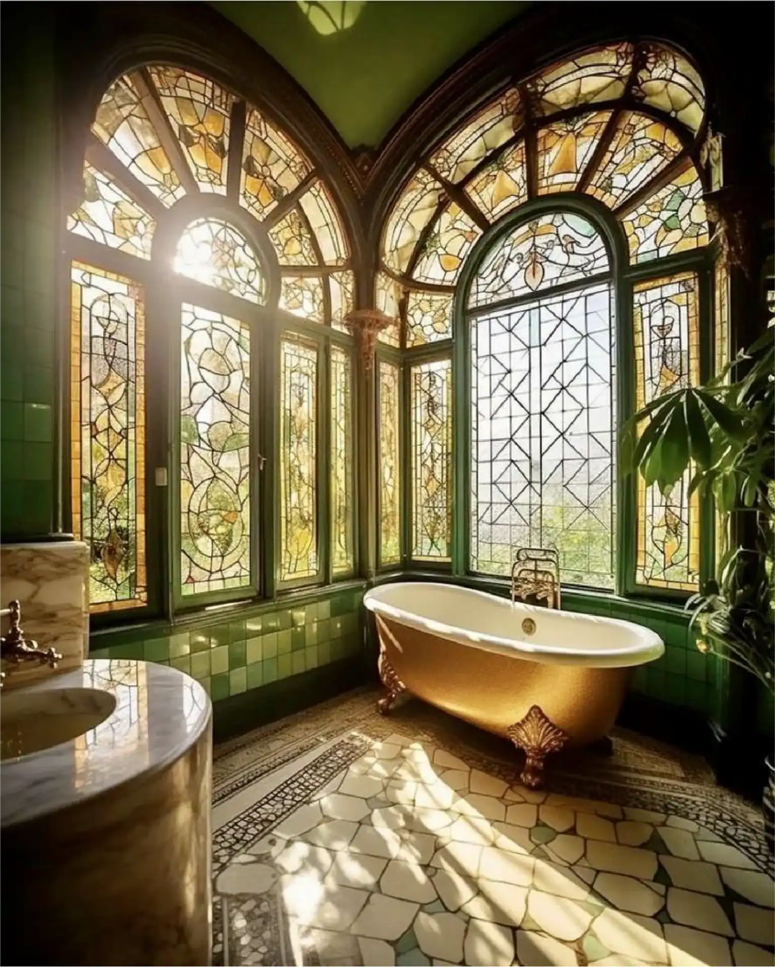 Bagno lussuoso con vetrate artistiche e una classica vasca da bagno con piedini ad artiglio.