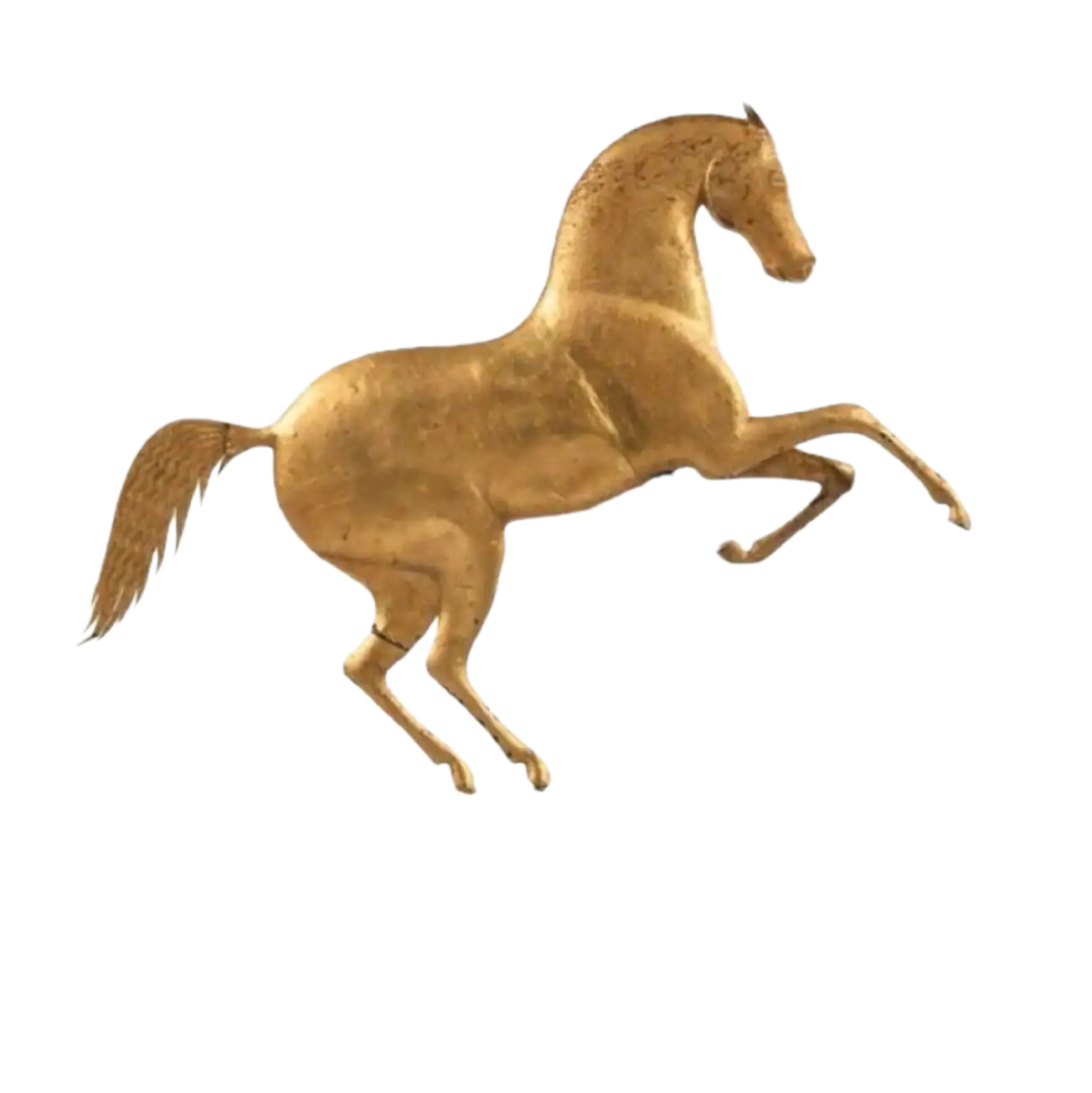 Scultura di cavallo dorato, elegante pezzo d'arredo per amanti dell'arte e collezionisti.
