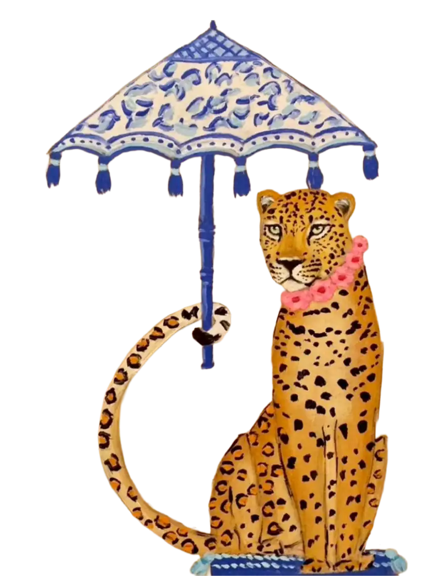 Figurina di leopardo dipinta a mano con collare rosa e ombrellino decorativo, arredamento artistico per la casa.