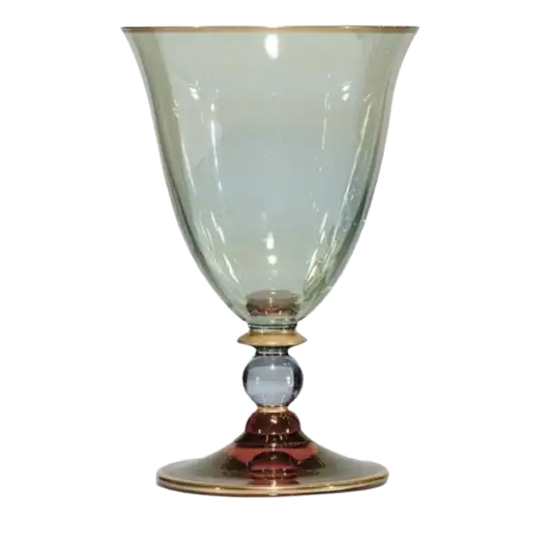 Bellissimo vaso in vetro con base arrotondata e apertura alta e svasata.