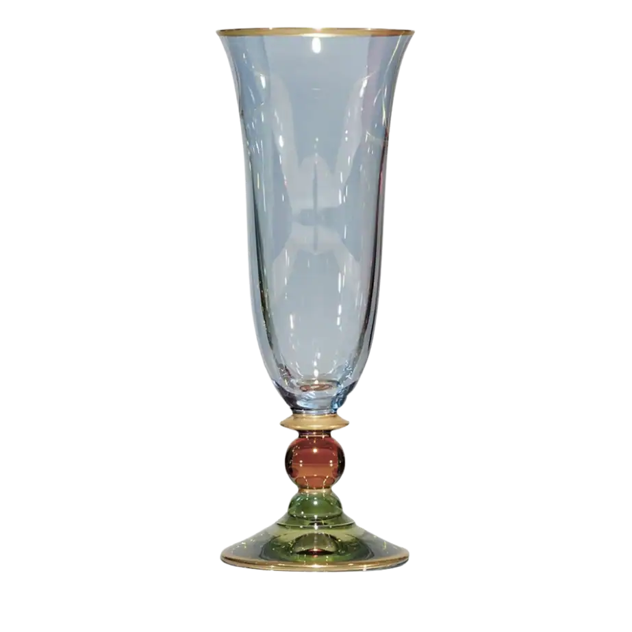 Elegante vaso in vetro con bordo dorato, base colorata e corpo trasparente.