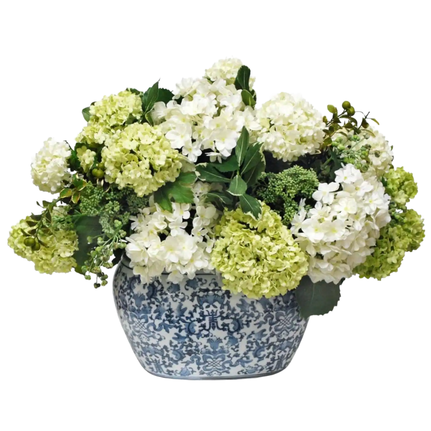 Bellissimo bouquet di ortensie bianche e verdi in un vaso di ceramica blu e bianco.