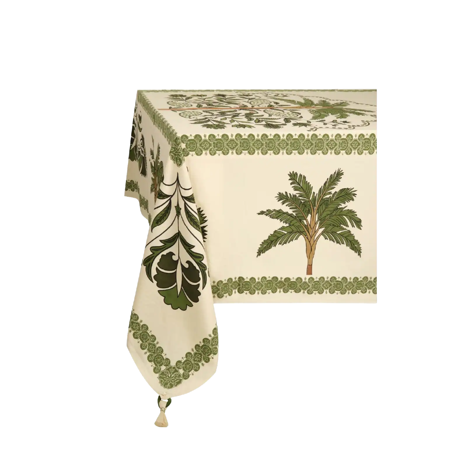 Tovaglia decorativa con illustrazione di palma e motivo a bordo intricato.