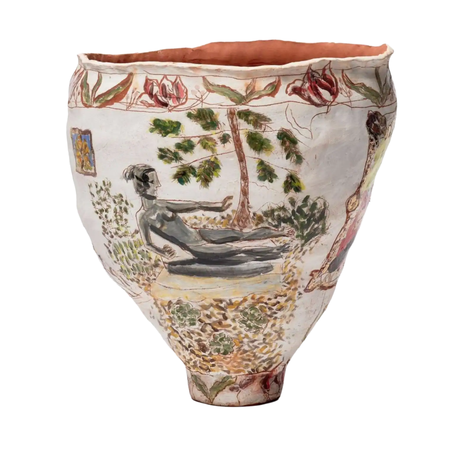 Antico vaso in ceramica greca con figura umana, alberi e scena naturale, arte artigianale.