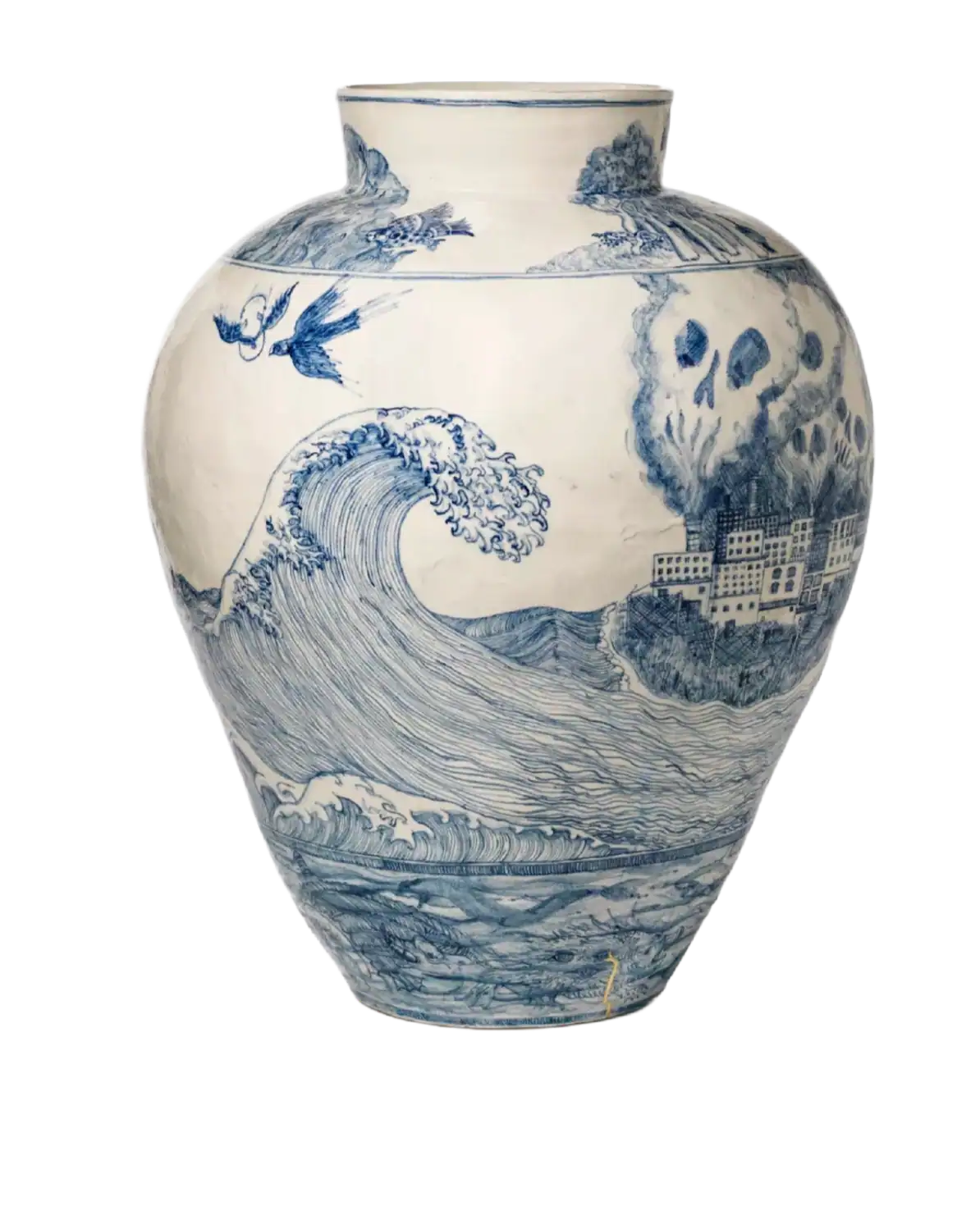 Vaso in porcellana blu e bianca con onde oceaniche, teschi e uccelli.