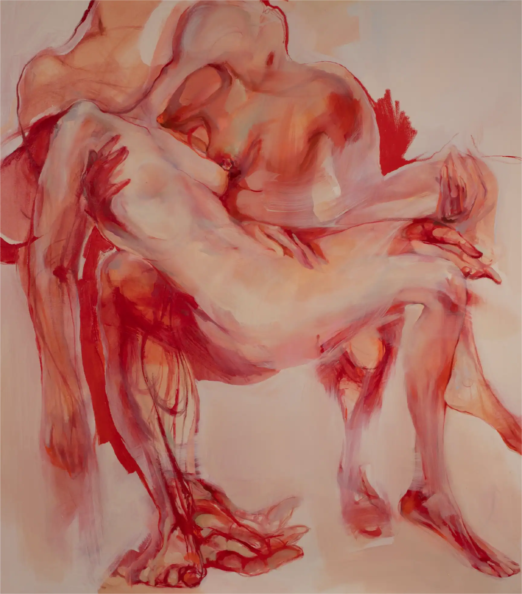 Dipinto astratto nudo di due figure intrecciate in toni caldi.