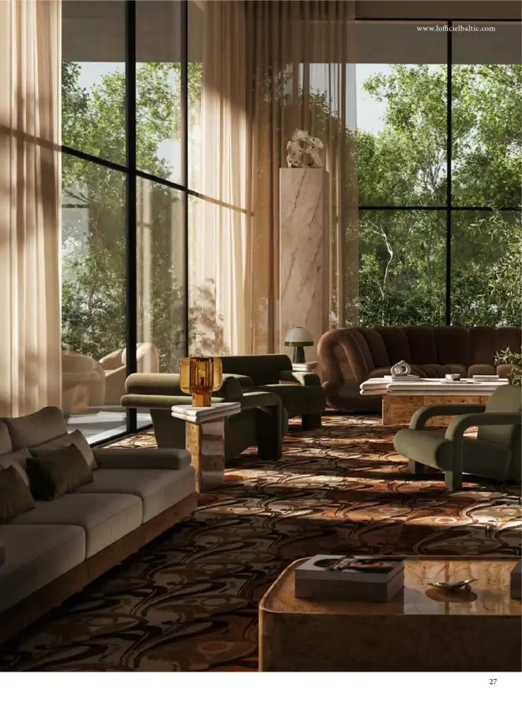 Lussuosa area lounge con grandi finestre, arredi contemporanei e luce naturale.