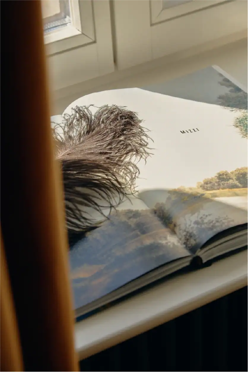Primo piano di una rivista aperta su un davanzale con una piuma, con vista su un paesaggio suggestivo.